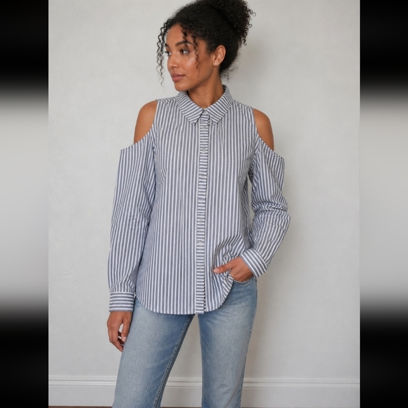 Pleione Tops - PLEIONE Cold Shoulder Button Up Stripe Top XLP